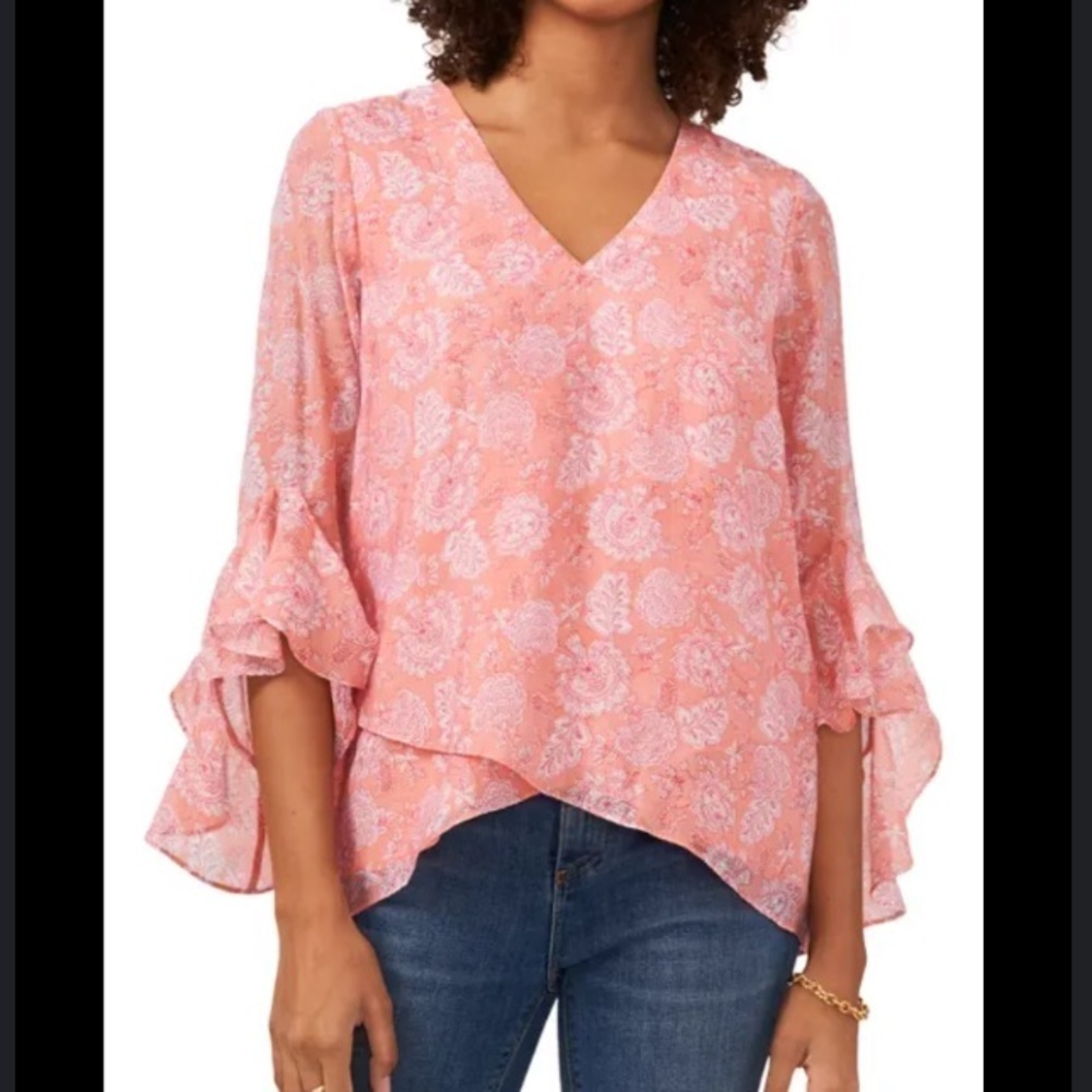 NWT Vince Camuto Coral Pink Floral Boho Ruffle Sleeve Blouse Size Small - Picture 2 of 7